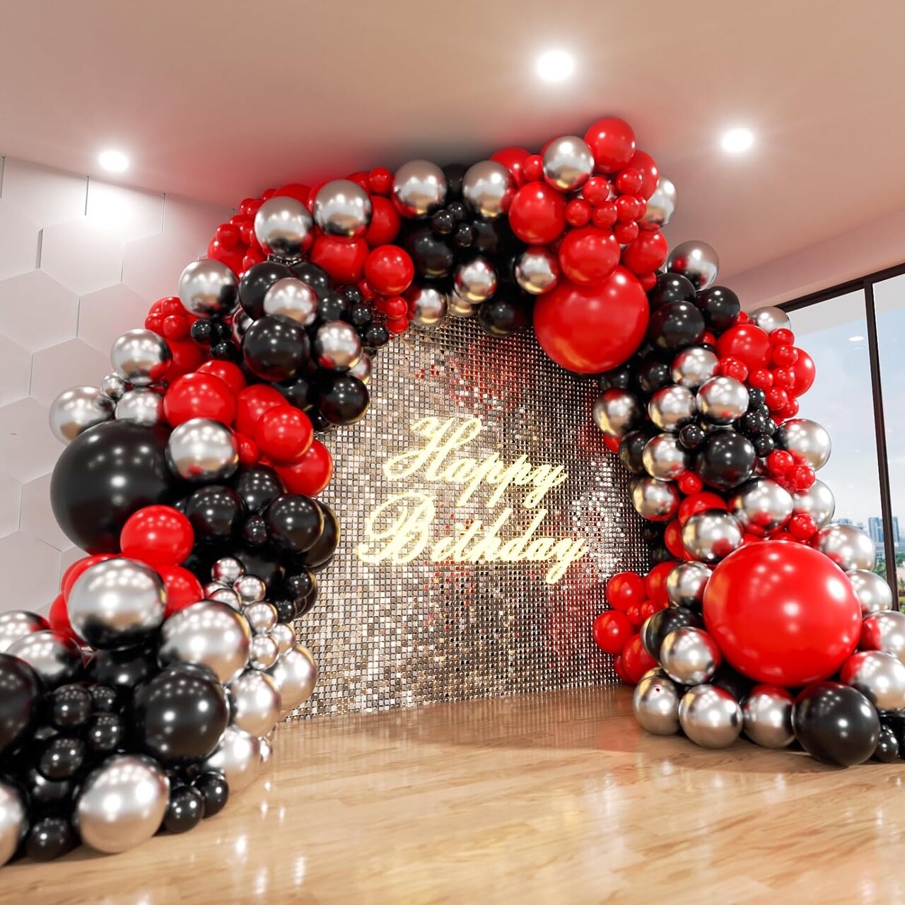Red and Black Balloons Arch Kit, 140Pcs Matte Red Black Metallic Silver Garland kit, 18 12 10 5 Inch Different Size Balloons for Birthday Party Anniversary Wedding Graduation Prom Decorations